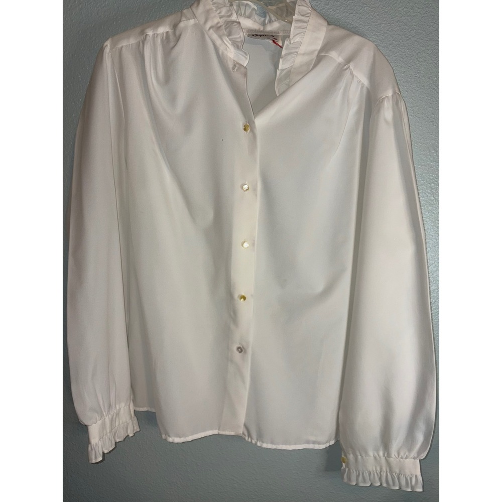 Vintage Rhapsody White Ruffle Neck Blouse Long Sleeve Button Up Top Size 40